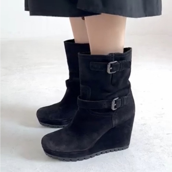 PRADA Black Suede Double Buckle Wedge Ankle Booties Boots - Picture 2 of 13